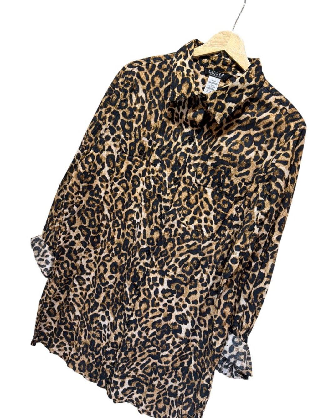 Lauren Ralph Lauren Leopard Print Long Button-Up Shirt Womens M 100% Cotton